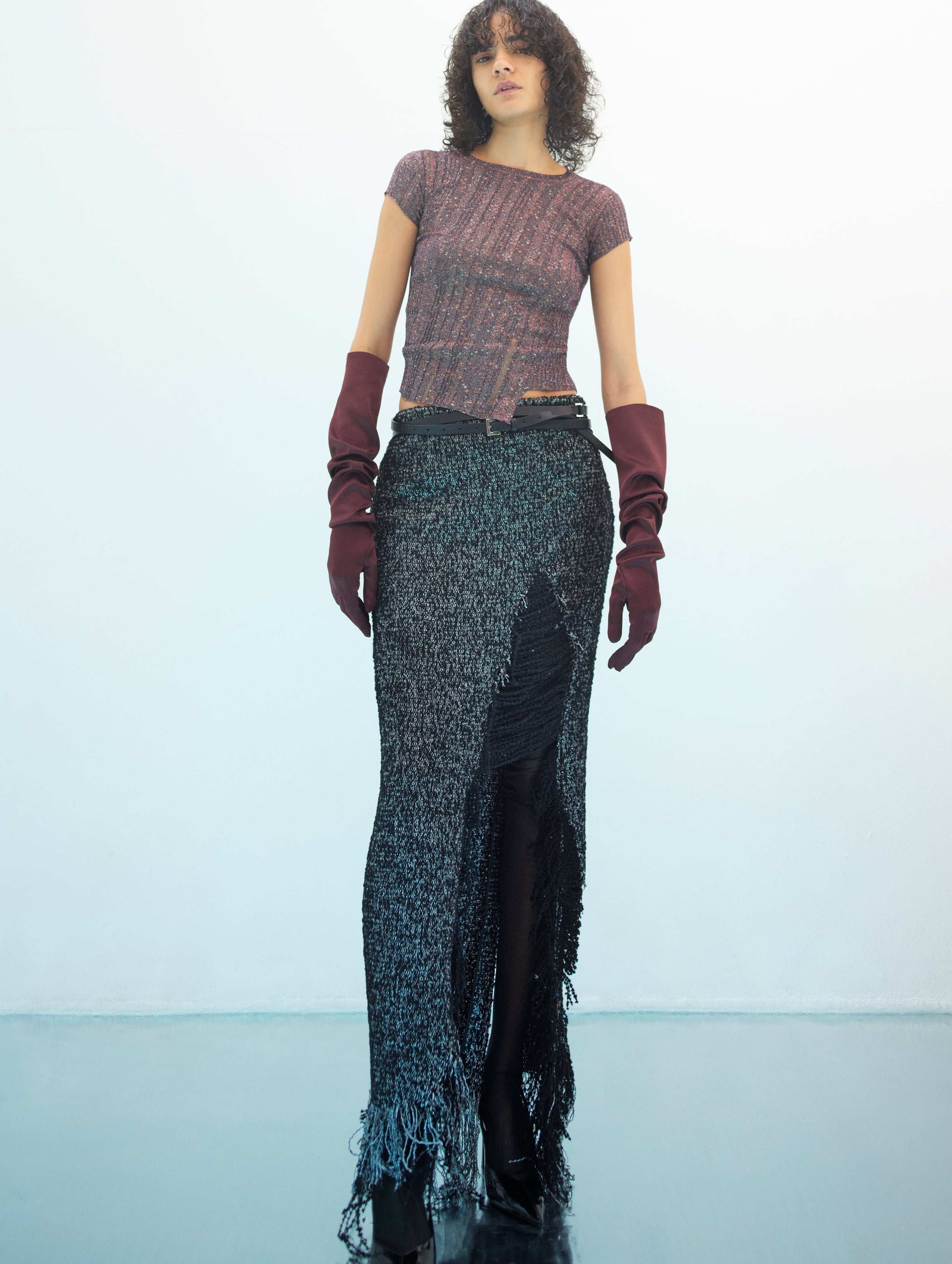 DISTRESSED LAME TWEED SKIRT