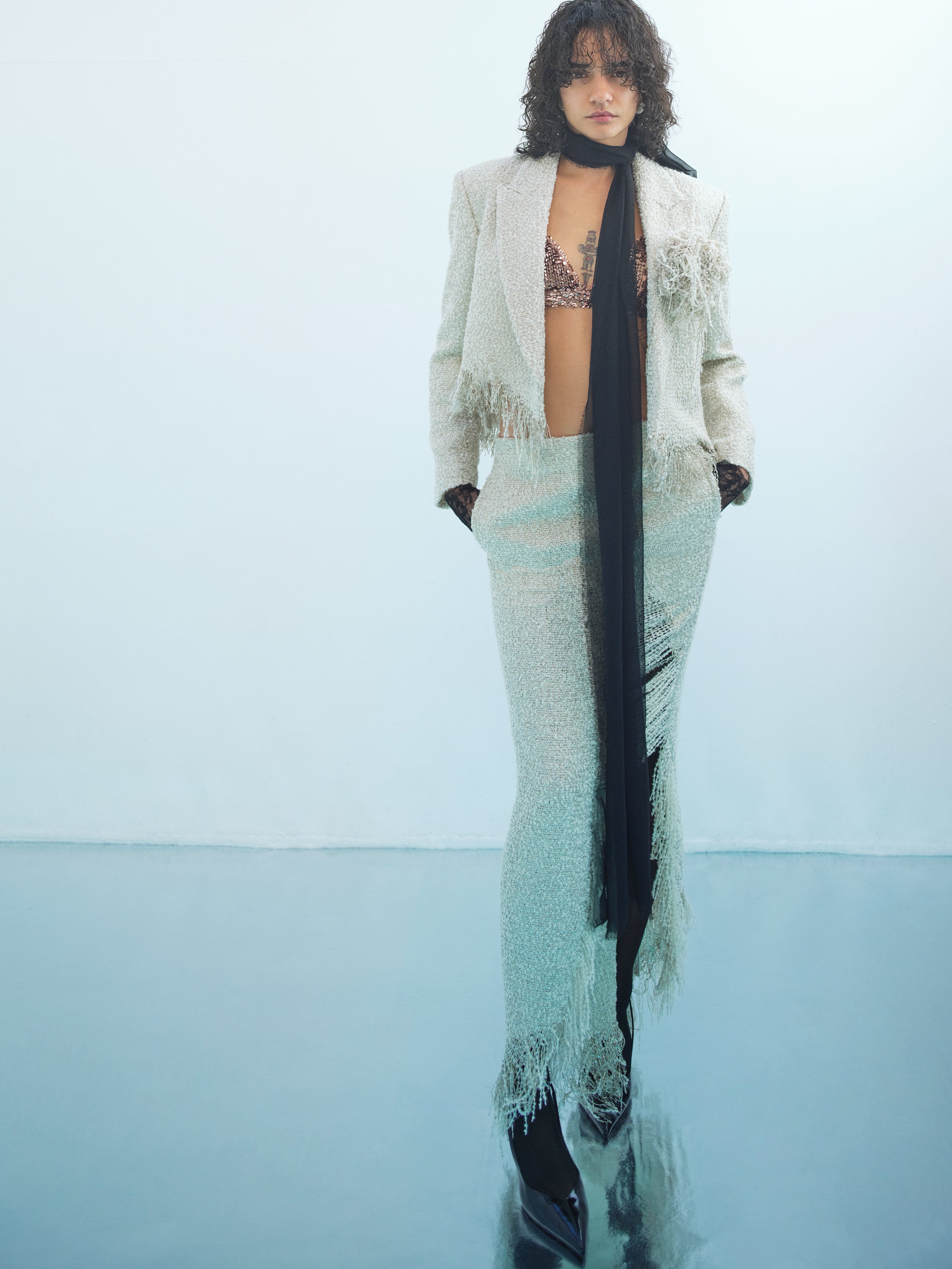 DISTRESSED LAME TWEED SKIRT